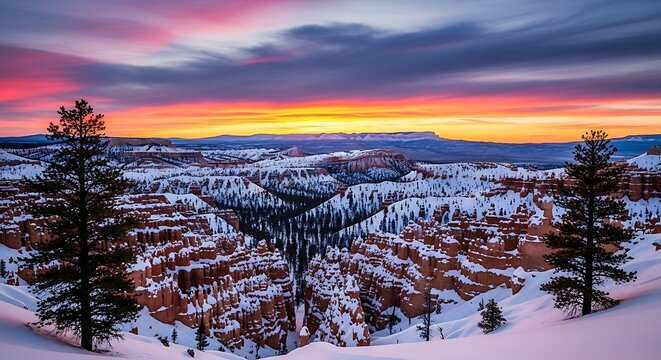 Majestic sunrise over bryce canyon national park showcasing snow covered hoodoos and dramatic winter landscape