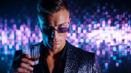 Man looks at camera while holding a glass of drink at a lively nightclub. Colorful lights create a dynamic atmosphere. Concept of nightlife, entertainment, party