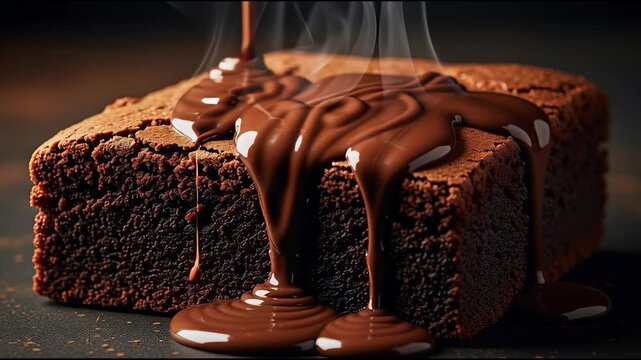 Rich chocolate brownie with melted chocolate drizzle overhead studio shot