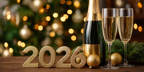 Golden champagne bottle and ornaments arranged with vibrant numbers 2026 creating a festive atmosphere
