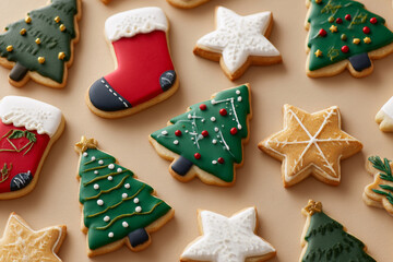 Beige background with assorted Christmas cookies shaped as trees, stars, stockings, and Santa hats