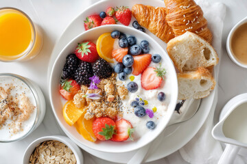 Bowl filled with various vibrant fruits and granola.  A healthy and delicious start to your day! Generative AI image