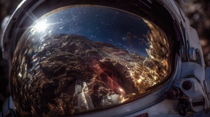 Astronaut Helmet Reflecting Mountain Landscape Under Bright Sun in Clear Sky