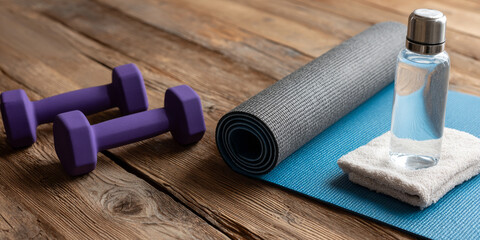 Yoga mat, dumbbells, water bottle, and towel neatly arranged on a wooden surface
