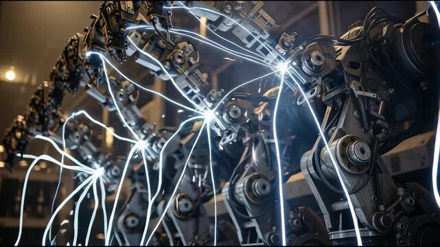 Robotic arms performing welding automated process with dynamic energy flow