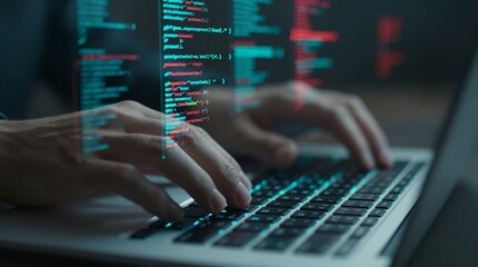 Hands typing code on a laptop keyboard with translucent code overlay
