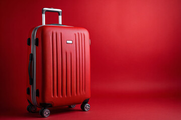 Stylish red suitcase placed vertically against a matching red background for travel visuals