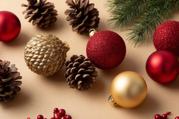 Holiday decoration featuring red and gold baubles, pinecones, and glitter on beige surface