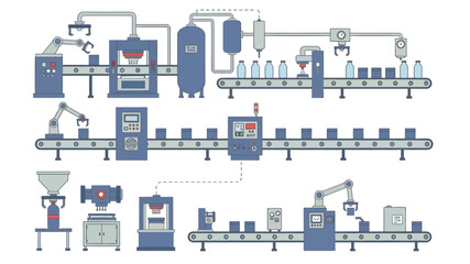 Naklejka premium Industrial manufacturing process with machinery and conveyor belts on white background