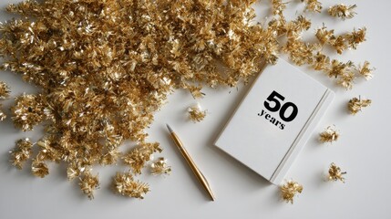 White notebook labeled 50 years with gold tinsel and pen on light background. Elegant 50th anniversary celebration concept, festive stationery, milestone flat lay