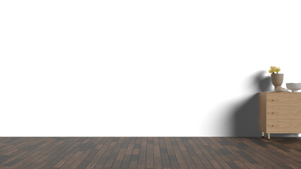 3D Render a white wall and a wooden cabinet with flowers