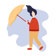 Woman holding umbrella against wind flat vector illustration