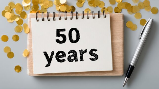 Notebook with handwritten 50 years on wooden board with gold confetti and pen. 50th anniversary planning concept, milestone celebration, festive flat lay - Powered by Adobe