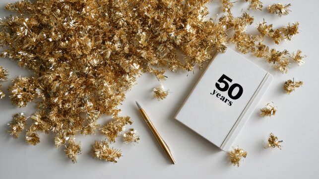 White notebook labeled 50 years with gold tinsel and pen on light background. Elegant 50th anniversary celebration concept, festive stationery, milestone flat lay - Powered by Adobe