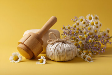 Spa essentials for hot herbal compress massage. Traditional Thai spa treatment for relaxation and wellness. Generative AI image