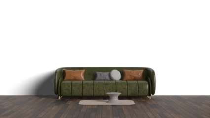 3D Render a green couch sitting on top of a wooden floor