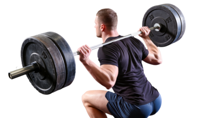 A strong man squatting with a barbell on his shoulders. He is wearing a black T-shirt and dark shorts. His back and muscles are tense. The background is white, cut out.