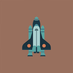 Obraz premium A flat graphic illustration of a stylized space shuttle in shades of blue and teal with orange details, set against a solid brown background.