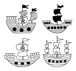 Set of pirate ships with different sails and flags and skull and crossbones vector sketch