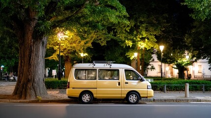 Fototapeta premium A classic yellow van is parked with bags on the roof, surrounded by modern buildings, illuminated by city lights at night