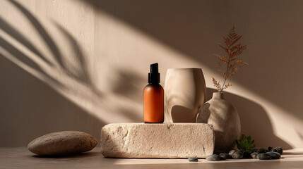 Clear amber glass spray bottle mockup. Natural organic cosmetic, spa or herbal medicine product. Minimal style brand packaging mockup. Healthcare concept. Generative AI image