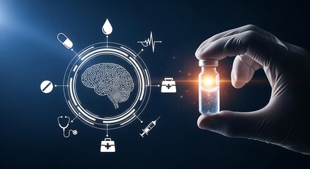 Medical advancements and technological integrations in healthcare concept showing brain circuits and medicine vial held by hand