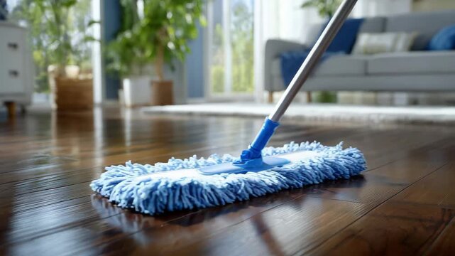 Sparkling hardwood floor catching daylight reflections while a blue mop glides smoothly, surrounded by cozy modern decor and soft ambient brightness