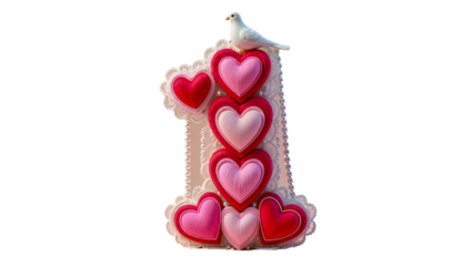 A 3D number "1" decorated with pink and red hearts and a white dove on top. The number has a lacy white border. The background is white and cut out.
