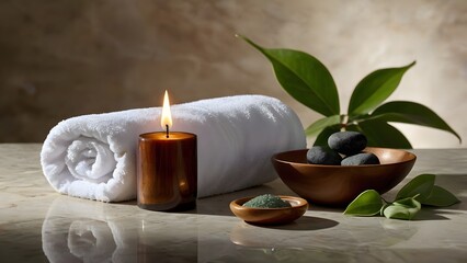 Rolled Towel with Candle and Stones