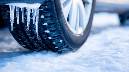 Close-up of a winter tire with deep tread patterns, surrounded by fresh snow and icicles, showcasing the importance of winter driving safety and traction in cold weather conditions