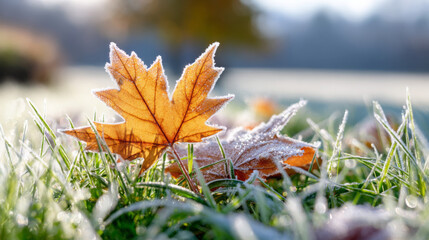Frost-covered autumn leaves resting on green grass, capturing the beauty of nature's transition during the chilly morning light in a serene outdoor environment