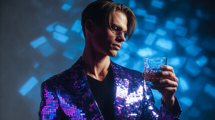 Man holds glass of whiskey while wearing shiny purple suit. He stands against a colorful abstract background. Concept of nightlife, fashion, entertainment