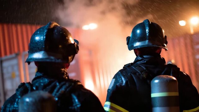 Team of firefighters practicing foam coverage on industrial red mock-up building, reflective gear gleaming under emergency floodlights
