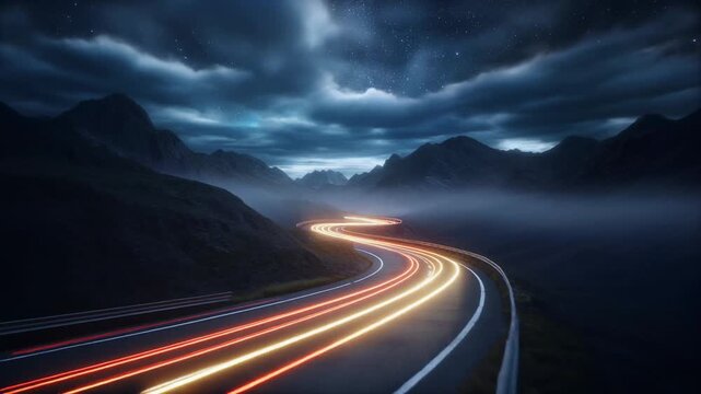 Epic Mountain Road Nighttime Light Trails Starry Sky Dramatic Clouds Foggy Valley Journey Speed Motion Abstract