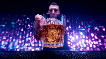 Bartender extends whiskey glass filled with ice in lively nightclub. Bright lights create energetic atmosphere. Concept of nightlife, bartending, entertainment