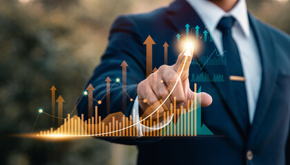 Growth Trajectory: A focused individual in professional attire, traces a vibrant upward trend, indicating progress and expansion. The image represents financial growth and business.
