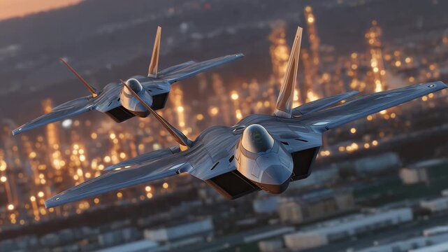 Twin F-22 jets flying formation over refinery at golden hour, shining metallic towers and glowing horizon below