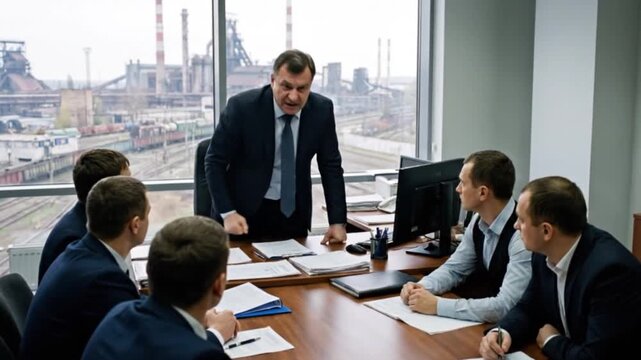 Angry boss yells at stressed employees in a confrontational meeting