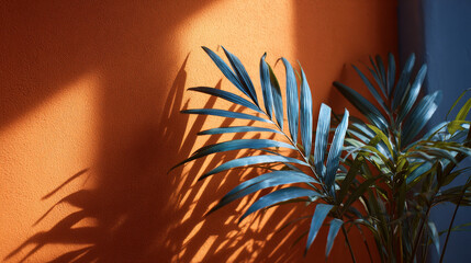 A bold orange wall accented by deep blue palm leaf shadows forming a striking artistic composition