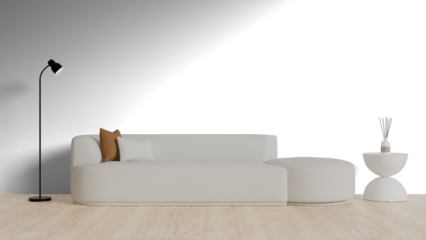 3D Render a white couch sitting on top of a wooden floor