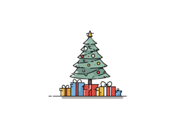 Hand Drawn Line Art Christmas Scene with Gifts