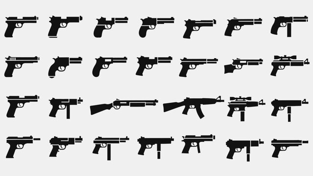 Collection of black silhouettes depicting various types of firearms, including handguns, rifles, and submachine guns, arranged in a grid.