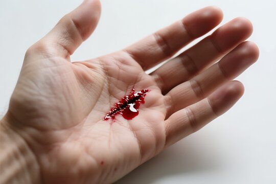 close up of a small palm wound showing fresh blood on an open hand