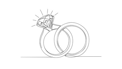 Continuous line drawing of two intertwined wedding rings, one featuring a sparkling diamond, symbolizing love and commitment.