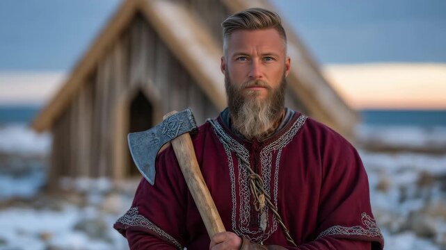 Viking reenactor in traditional red tunic standing before aged wooden chapel, axe and shield in hand, mood of Norse pride under cool northern light