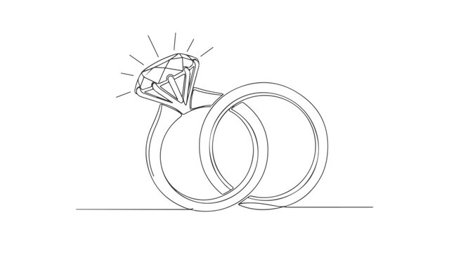 Continuous line drawing of two intertwined wedding rings, one featuring a sparkling diamond, symbolizing love and commitment.