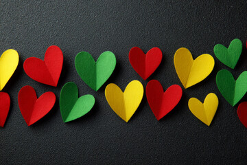 Vertical arrangement of red, yellow, and green paper hearts symbolizing unity and love for Juneteenth, set against a dark background