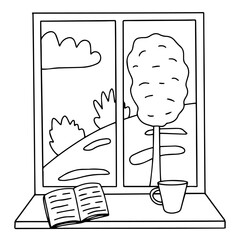 Window with spring landscape vecto sketch. Hand drawn coloring page with window veiw