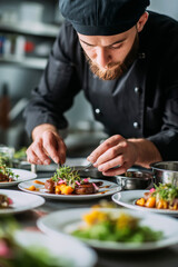 A male chef in a professional kitchen, wearing a white uniform, carefully plating gourmet dishes with fresh ingredients under bright lighting. Generative AI image