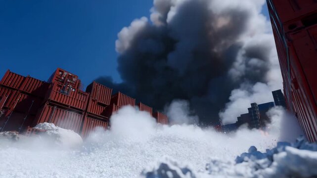 Wide shot of safety simulation where firefighting foam is released across red structures, gentle gray smoke drifting upward, emphasis on teamwork and precision